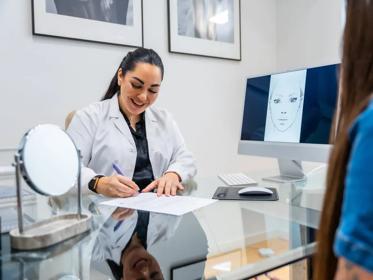 Smiling doctor in a white coat writing notes at a desk while talking with a patient in a bright consultation room