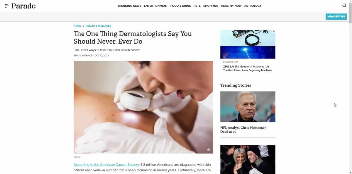 Parade article: The One Thing Dermatologists Say You Should Never, Ever Do