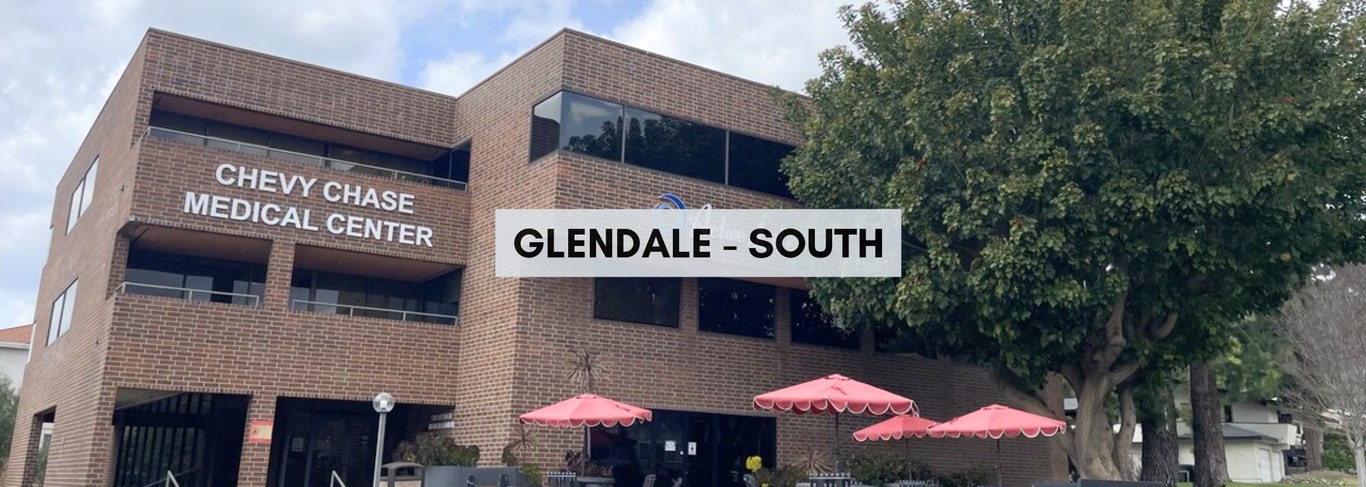 Glendale South office: brick Chevy Chase Medical Center building with red patio umbrellas, labelled Glendale - South