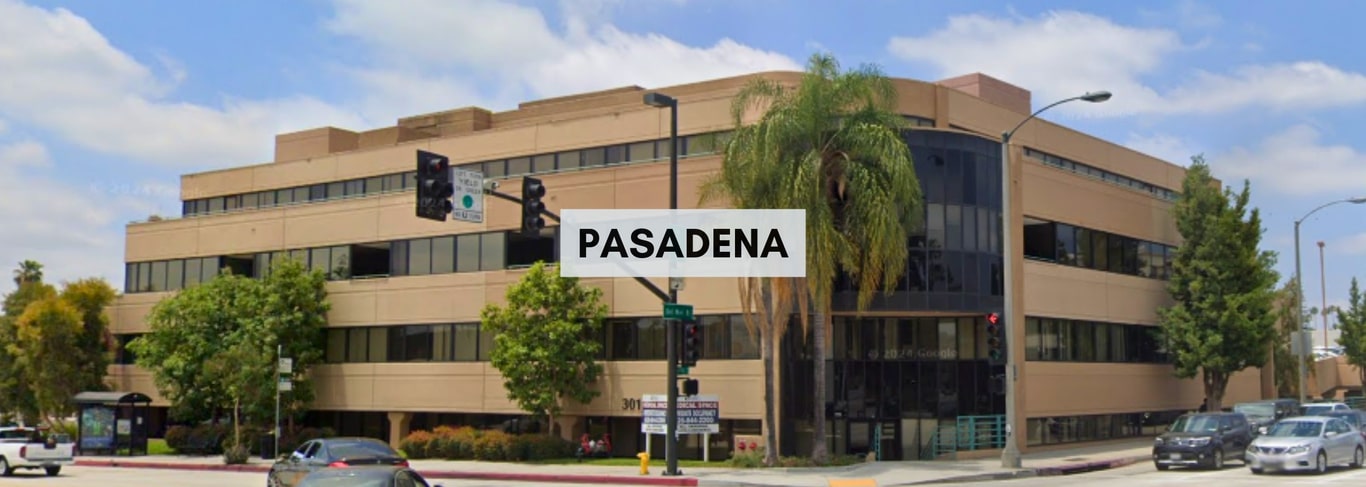 Pasadena office: three-story tan medical building at a street corner, labelled Pasadena